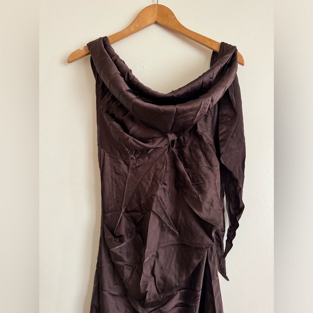 One-Shoulder 100% Silk Satin Evening Gown in Chocolate Brown - Picture 7 of 12